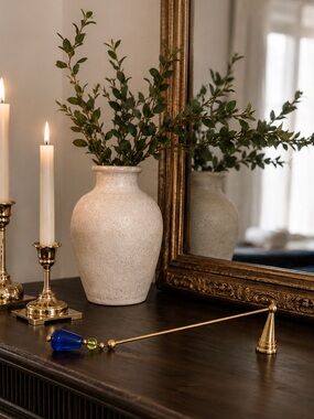 Vintage Brass Candle Snuffer 14" Blue Art Glass Beaded Embellished Art Decor